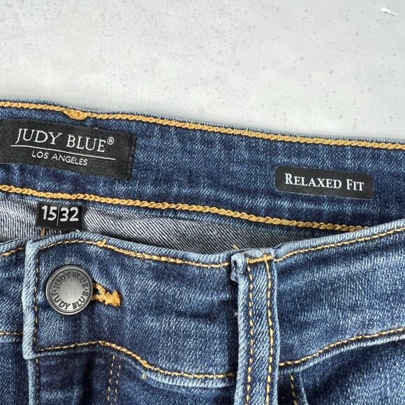 Judy Blue Jeans Womens Measured 36* Relaxed Blue Distressed Stretch Denim Tag 32 - Picture 7 of 16